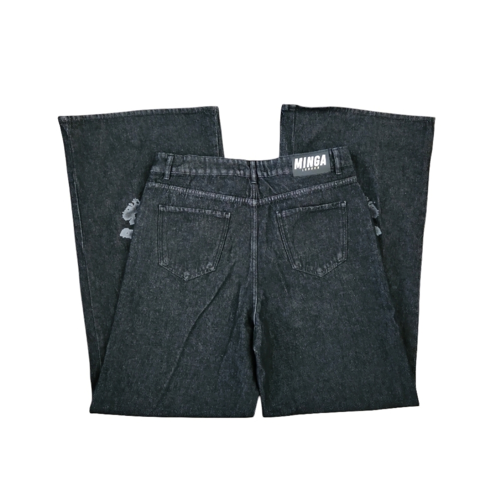Minga London Bones Black Washed Denim Jeans Skeleton Print Wide Baggy Leg SZ 36 - Picture 10 of 16